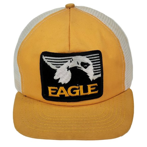 Vintage EAGLE Patch Snapback Trucker Hat Baseball Fishing Cap Yellow USA Made - Picture 1 of 7